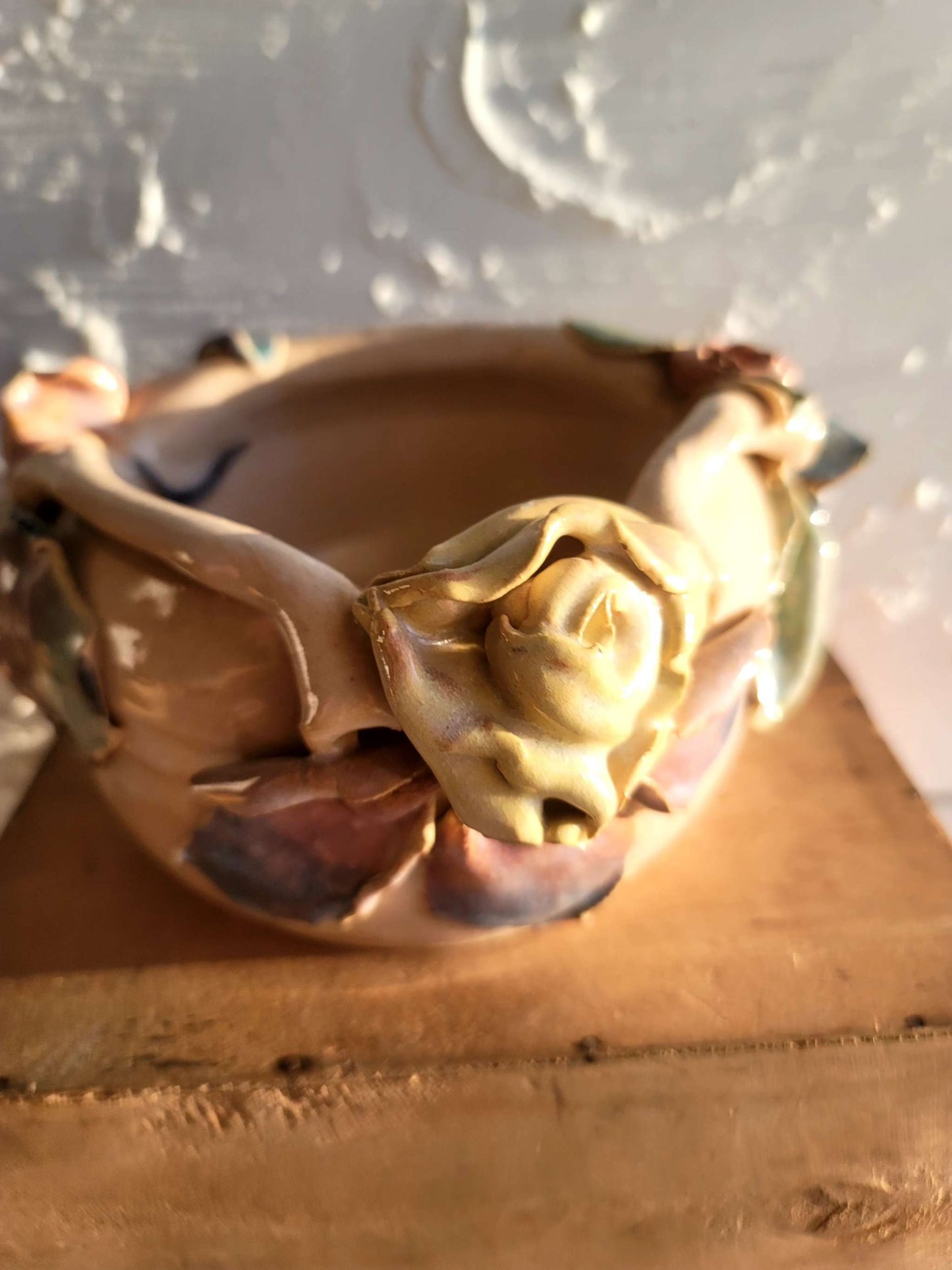 Hand crafted 3-D Floral Studio Pottery Vessel Bowl