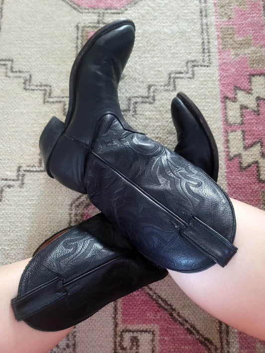 Vintage Black Leather Cowboy Boots