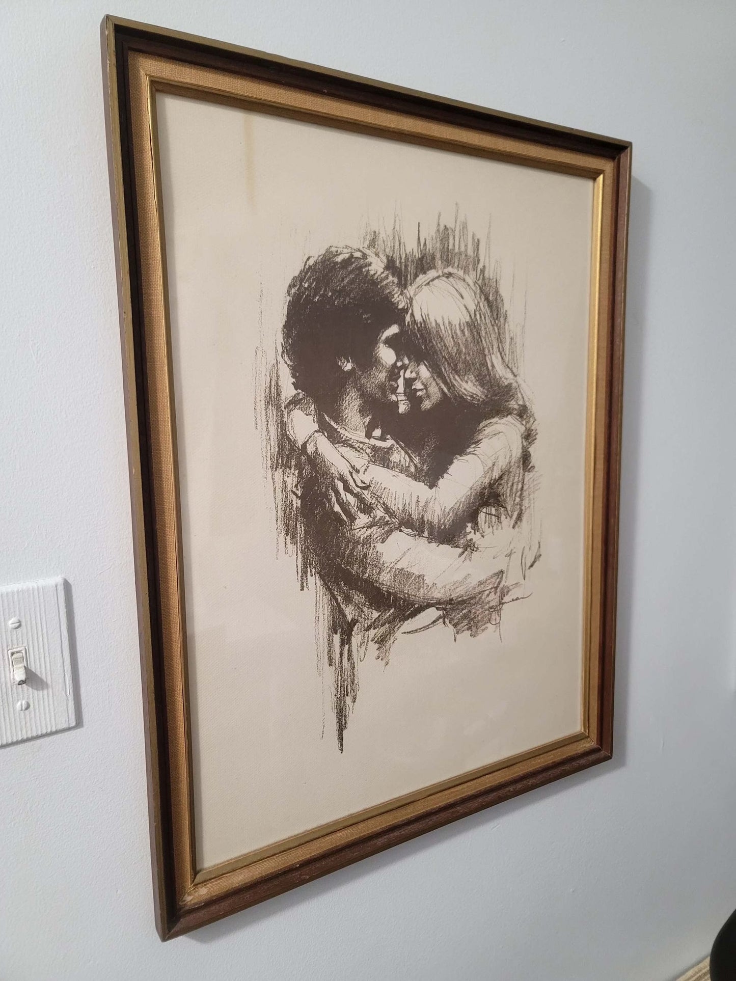 70's Art by Leo Jansen "Hugging" Framed chalk pastel print