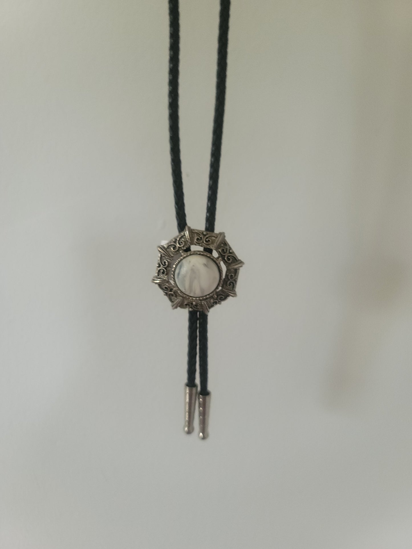 White Stone & Leather Bolo Tie