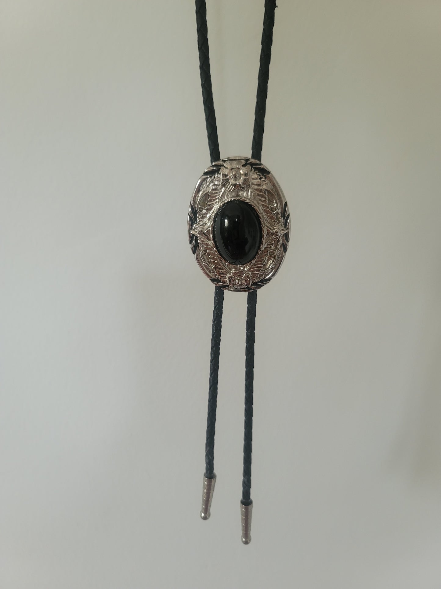 Black Stone Silver & Leather Bolo Tie