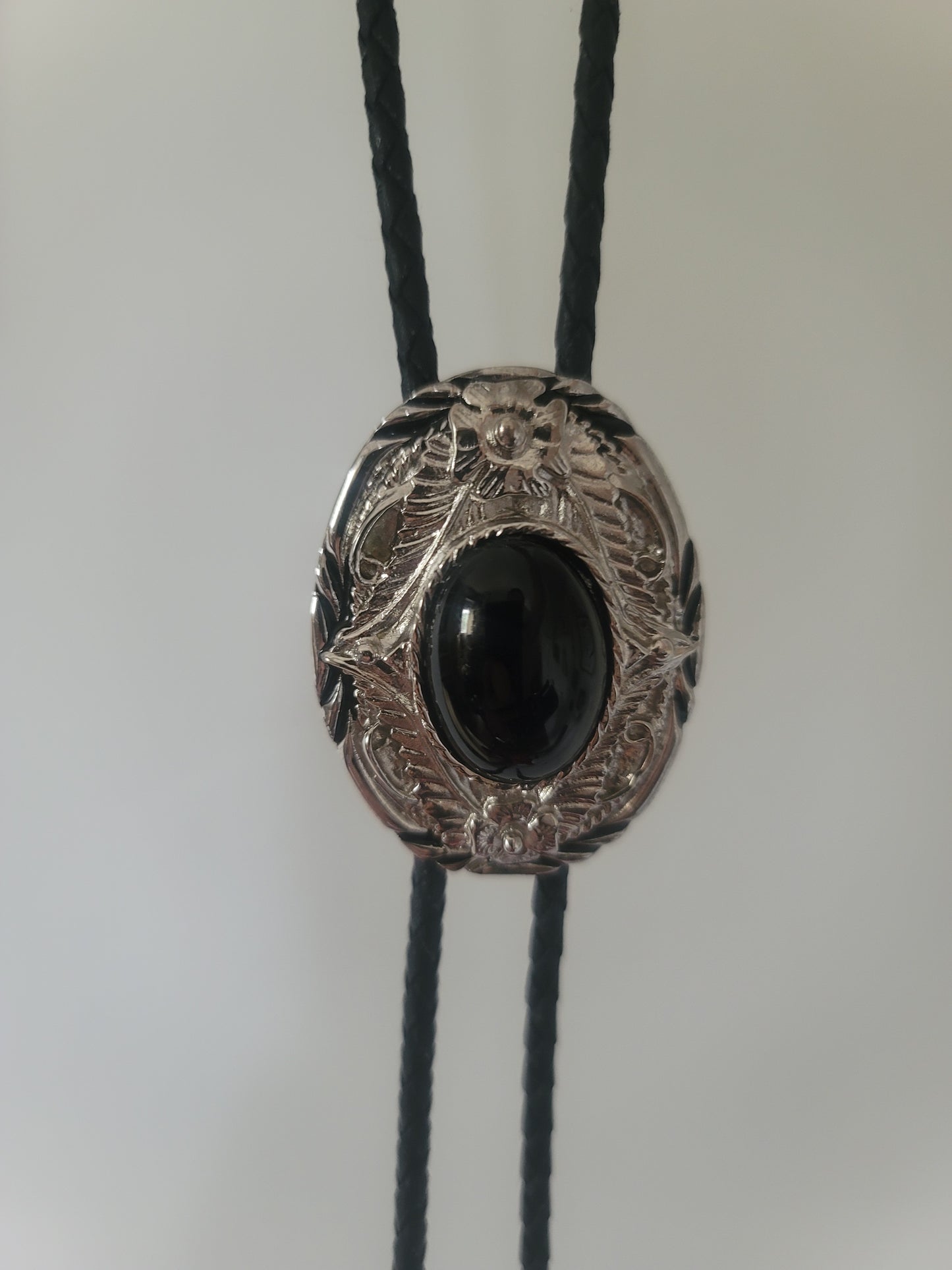 Black Stone Silver & Leather Bolo Tie