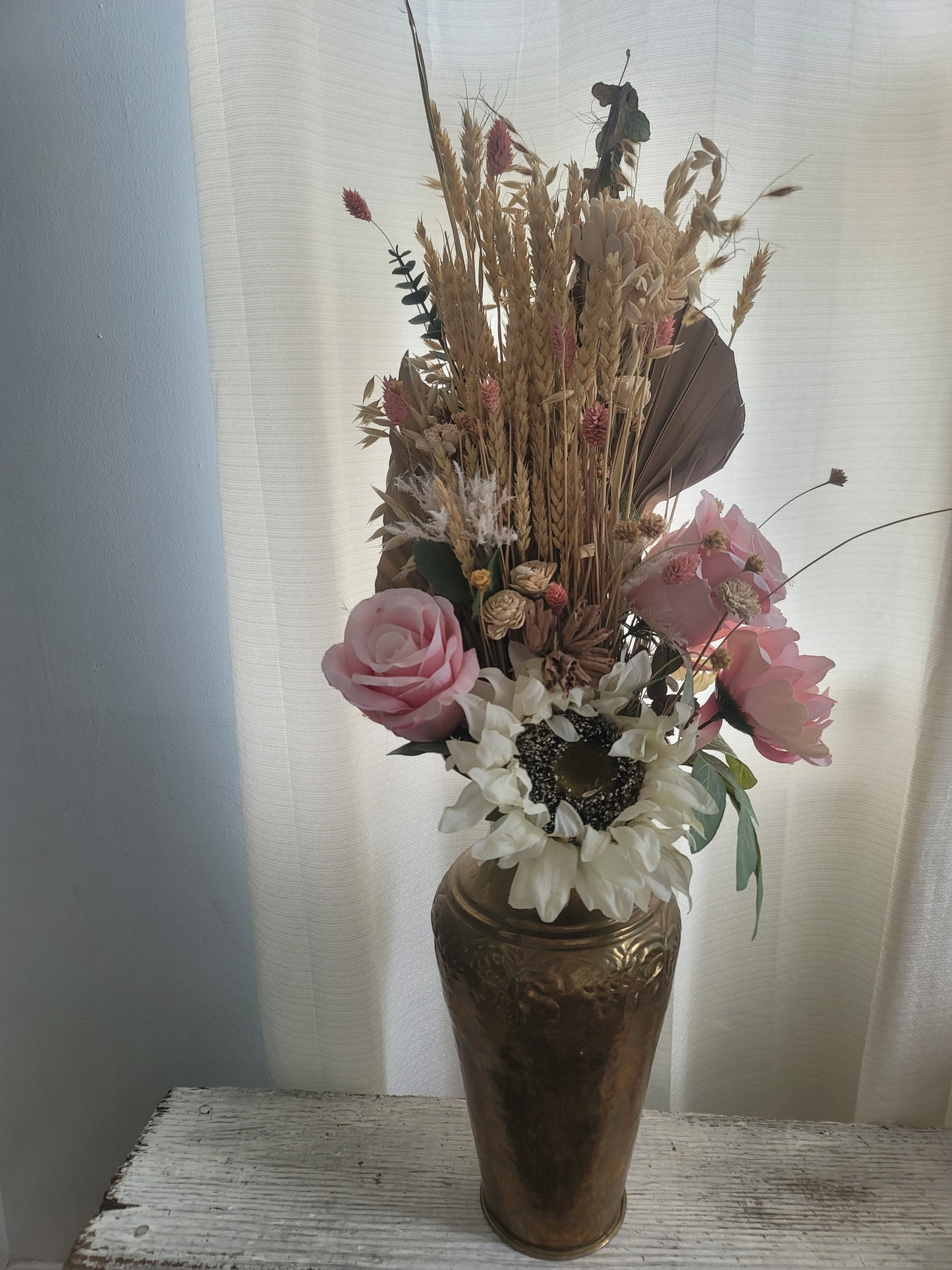 Dried Floral Arrangement in Brass Vase