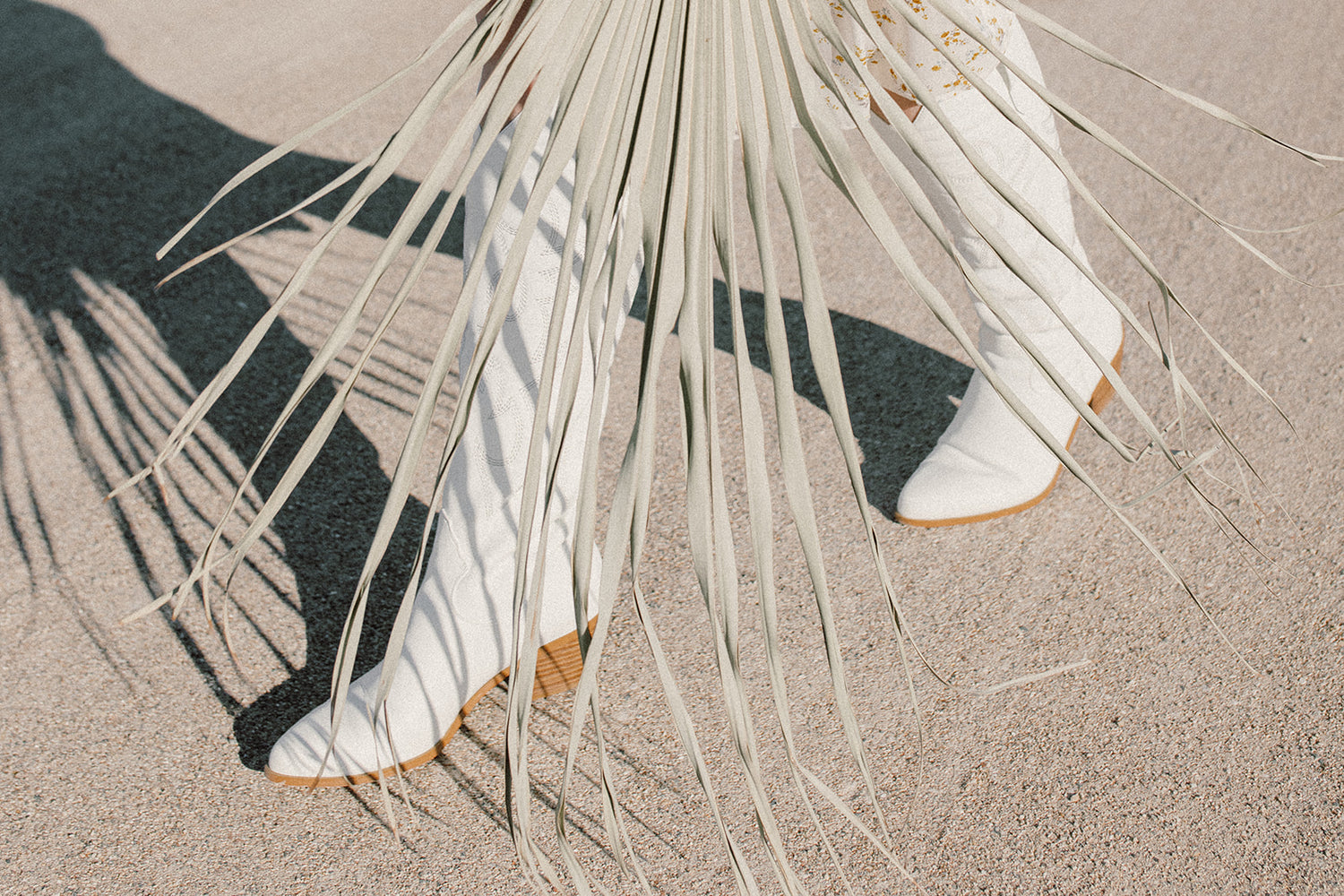 white cowboy boots walking in the desert, with a palm leaf leaving shadows on the ground.