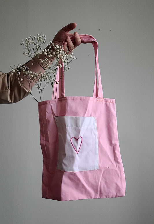 Repurposed pink embroidered tote bag